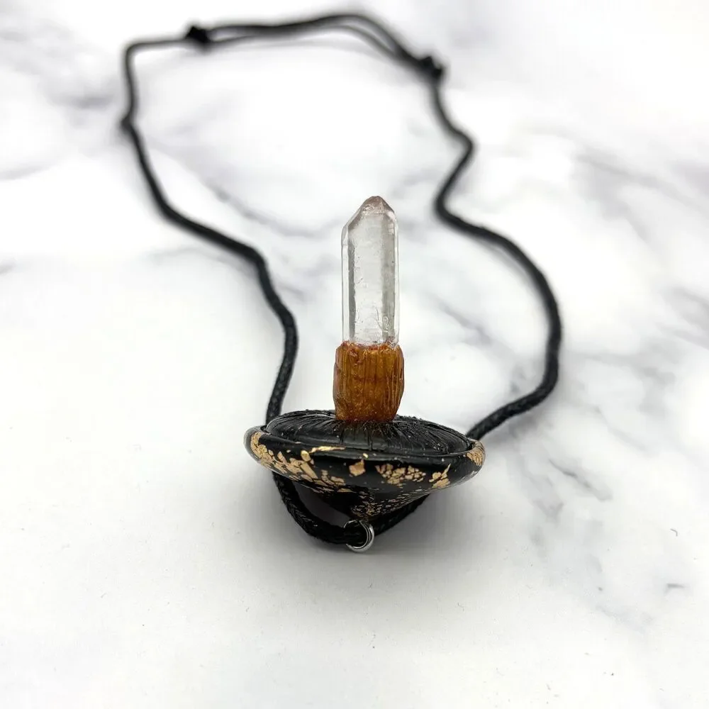 Black Mushroom Necklace with Quartz Crystal | Gold Leaf Polymer Clay Pendant